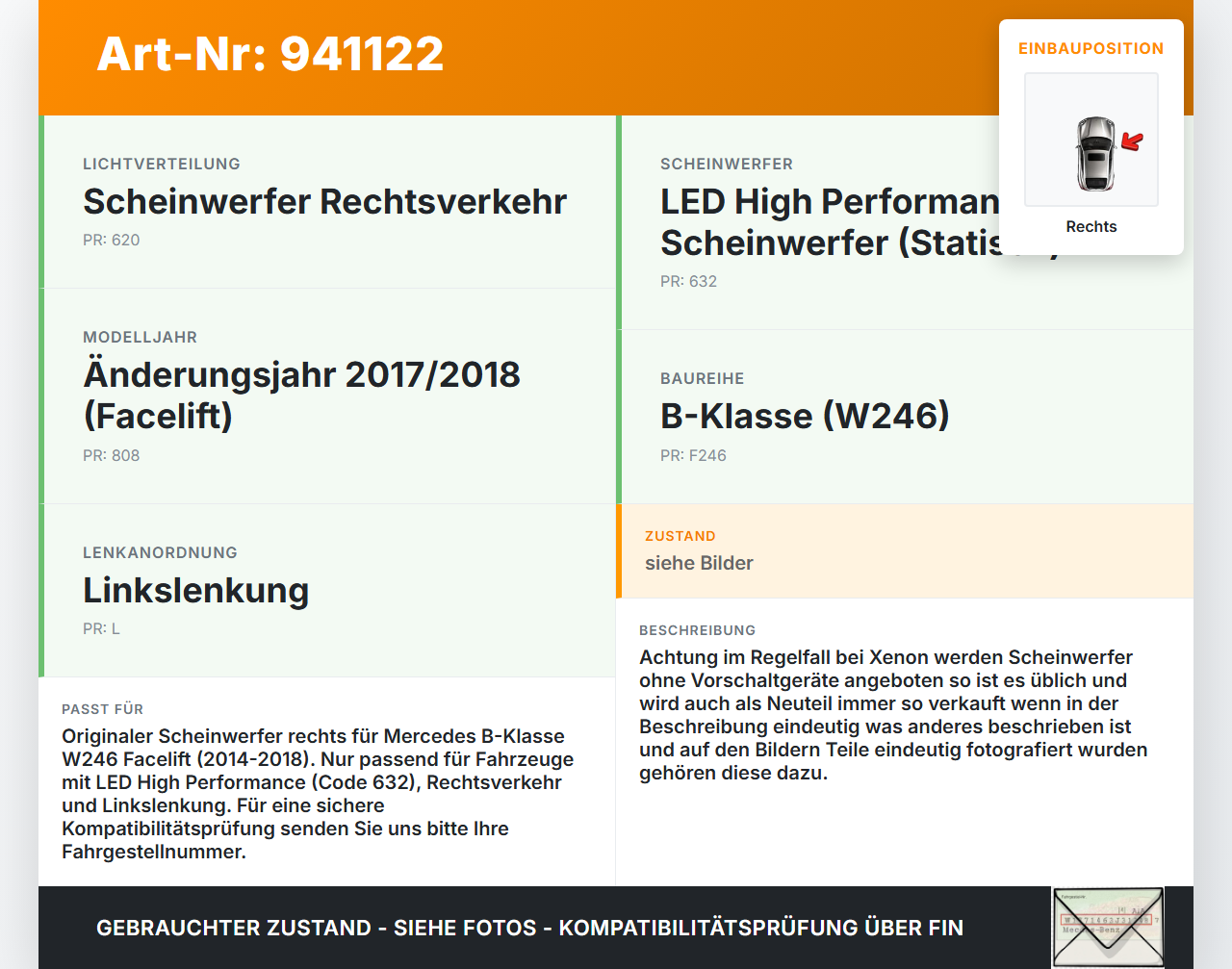 Mercedes W246 B180 14-18 Teil-LED Scheinwerfer Frontscheinwerfer Bklasse Rechts orig. Mercedes W246 B180 14-18... Vorschau 3