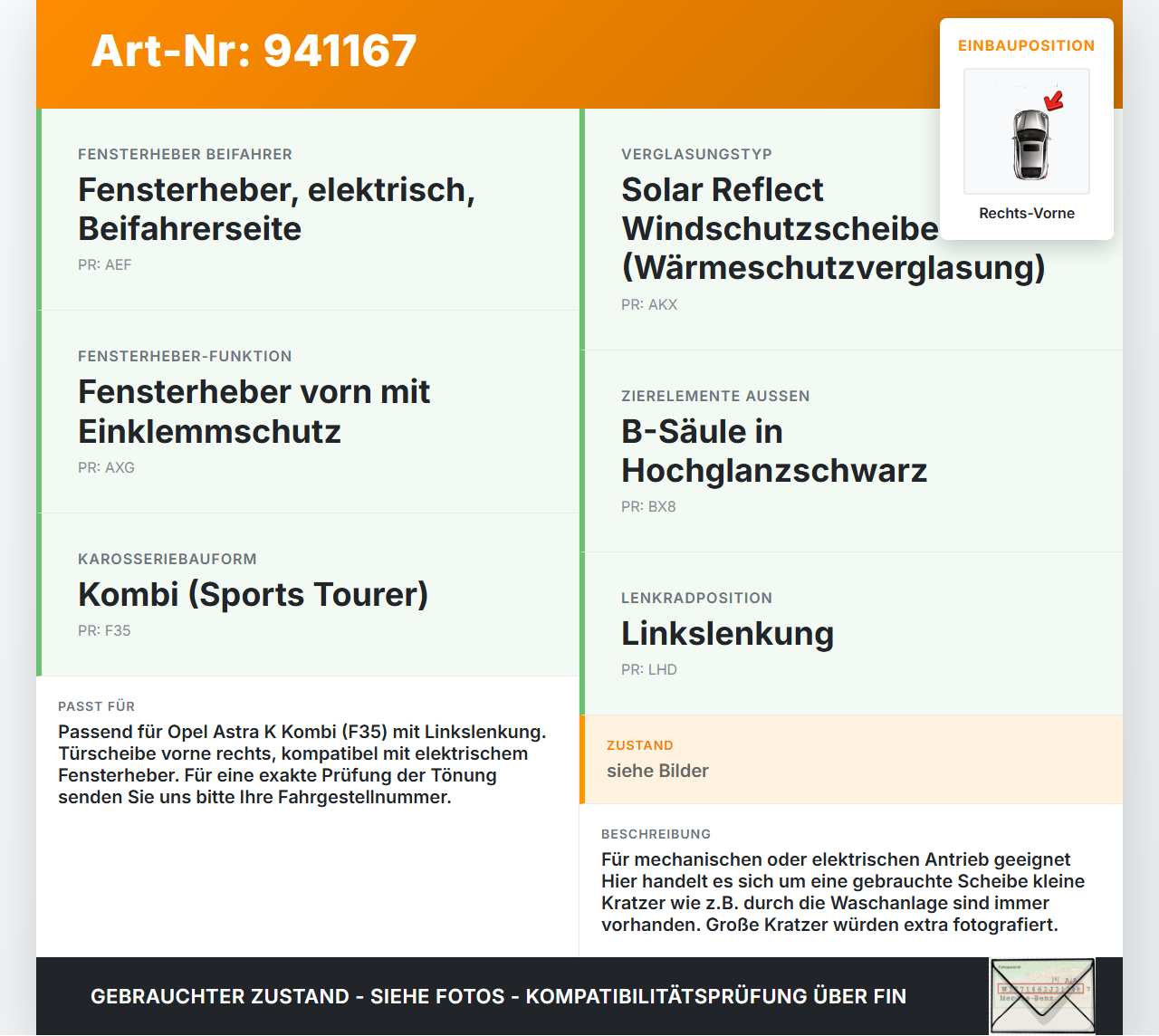 Opel Astra K 15-21 Kombi RVK Seitenscheibe für Tür Türscheibe Rechts Vorne Opel Astra K 15-21 04.11.2019 gebraucht Vorschau 3