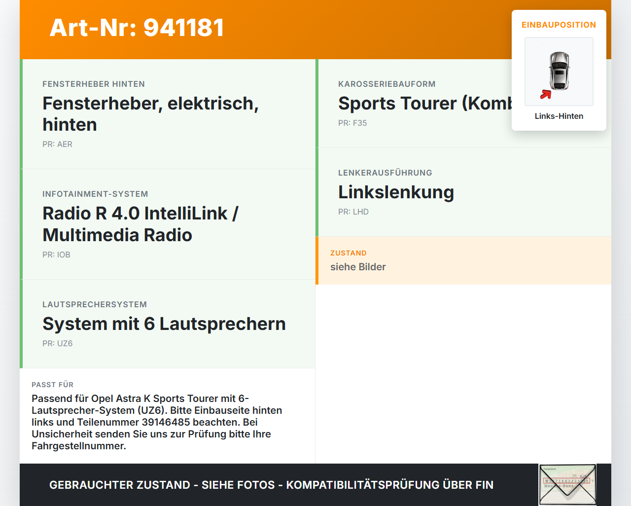 Opel Astra K 15-21 Lautsprecher Links Hinten Opel Astra K 15-21 04.11.2019 39146485 gebraucht Vorschau 3