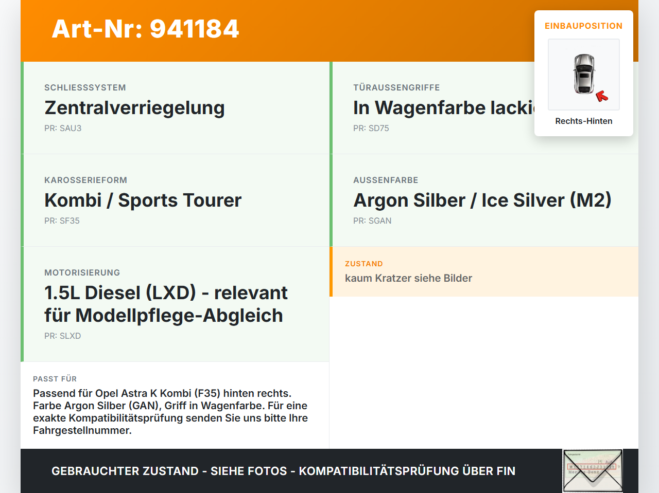 Opel Astra K 15-21 Kombi Türgriff Griff aussen Rechts Hinten GAN Opel Astra K 15-21 04.11.2019 gebraucht Vorschau 3