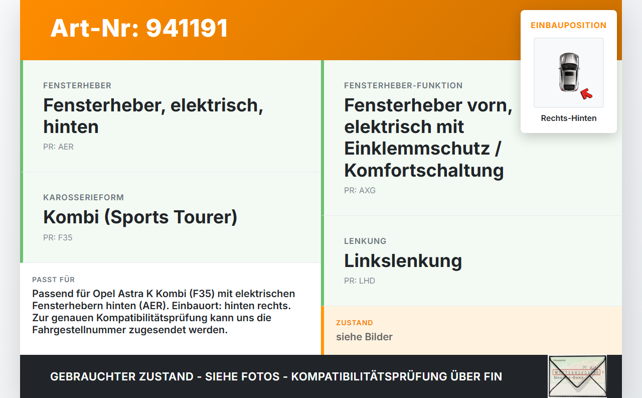 Opel Astra K 15-21 Kombi Fensterhebermotor Rechts Hinten Opel Astra K 15-21 04.11.2019 39142320 E05847-100 gebraucht Vorschau 3