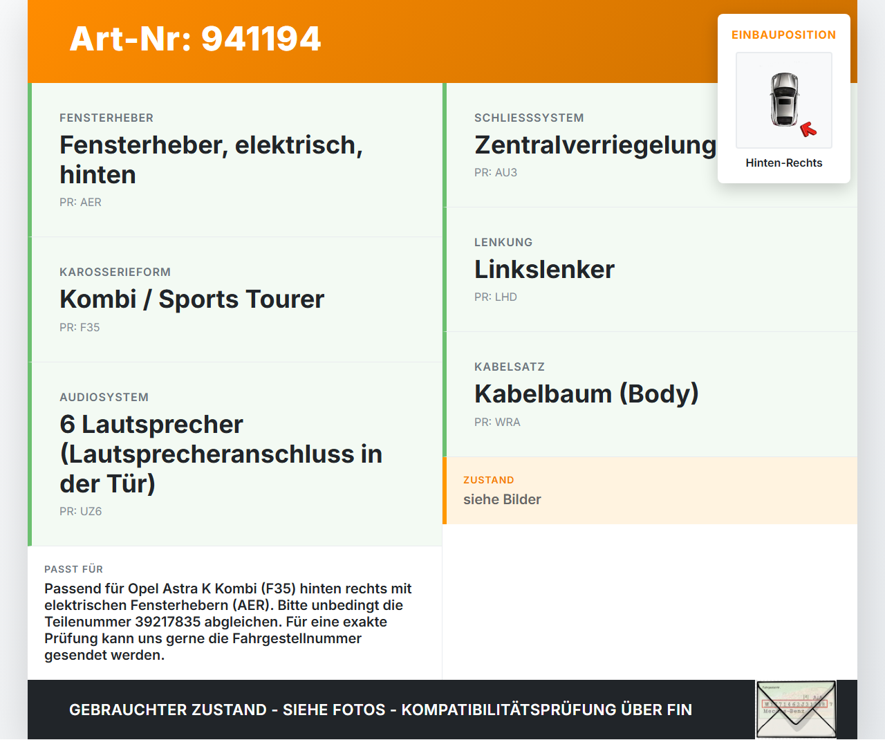 Opel Astra K 15-21 Kombi Kabelbaum Leitungssatz für Tür und Fensterheber Hinten Rechts Opel Astra K 15-21... Vorschau 3