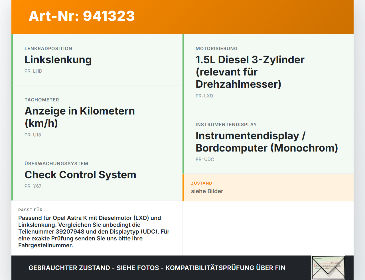 Opel Astra K 15-21 1,5 90KW Kombiinstrument Tacho Opel Astra K 15-21 04.11.2019 39207948 600775881 gebraucht Vorschau 3