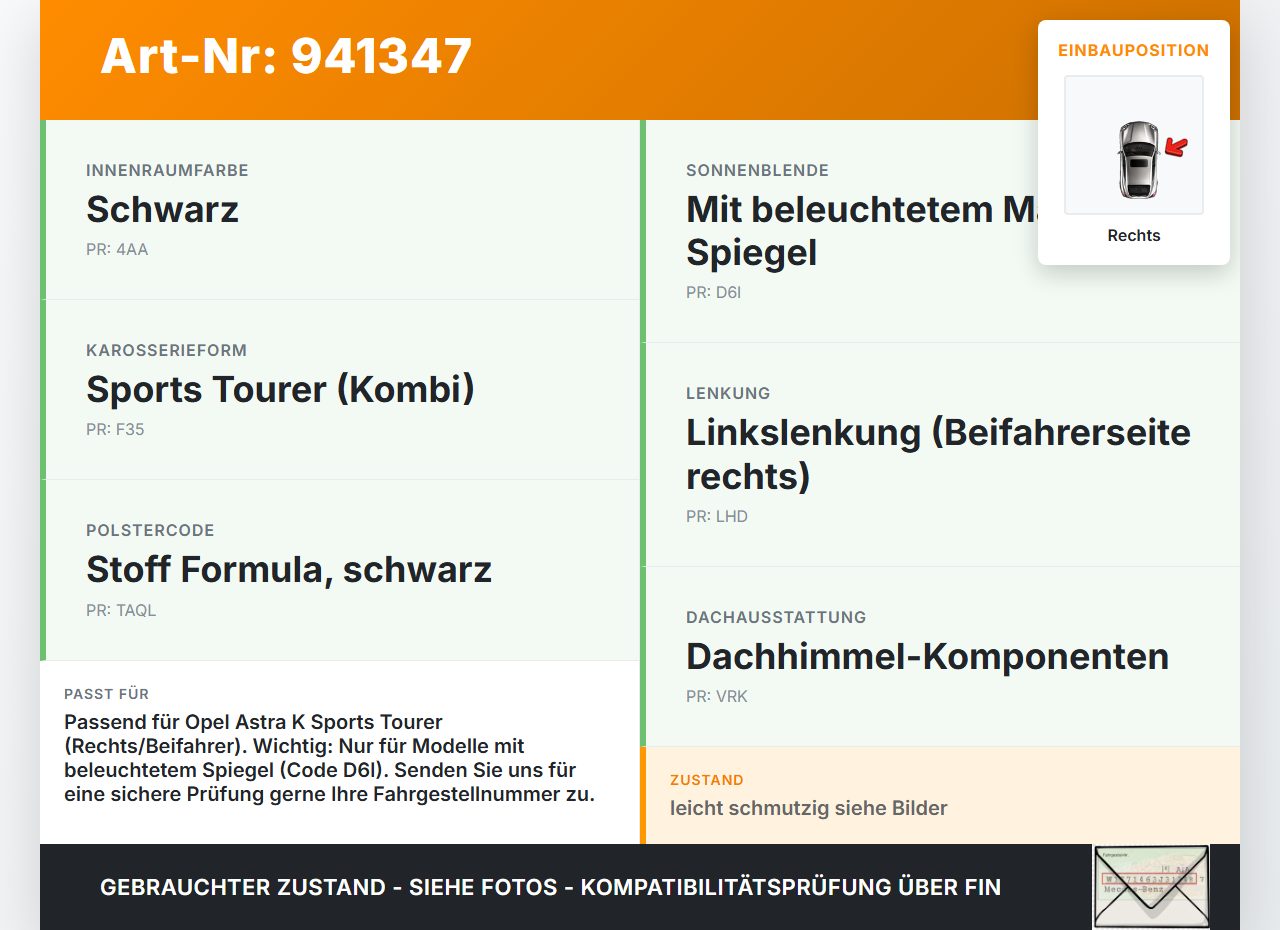 Opel Astra K 15-21 Sonnenblende Rechts für Beifahrer Opel Astra K 15-21 04.11.2019 13389920 gebraucht Vorschau 3
