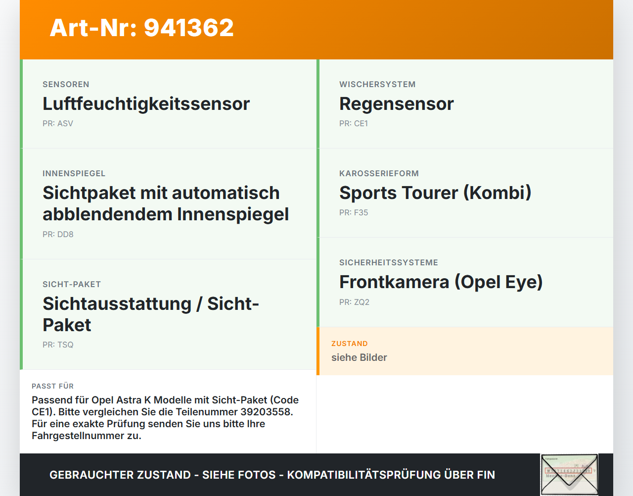 Opel Astra K 15-21 Regensensor Opel Astra K 15-21 04.11.2019 39203558 gebraucht Vorschau 3