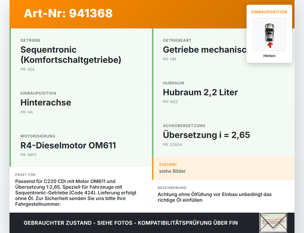 Mercedes W203 C220 01-04 CDI 2,2 105KW Differential Hinterachsgetriebe Hinten Mercedes W203 C220 01-04 29.03.2003... Vorschau 3