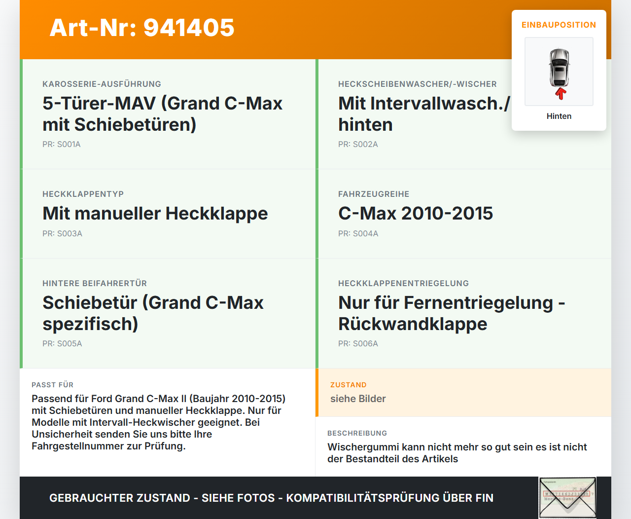 Ford Grand C-Max II 10-15 Heckwischer Scheibenwischer Hinten Wischarm Ford Grand C-Max II 10-15 22.05.2012... Vorschau 3