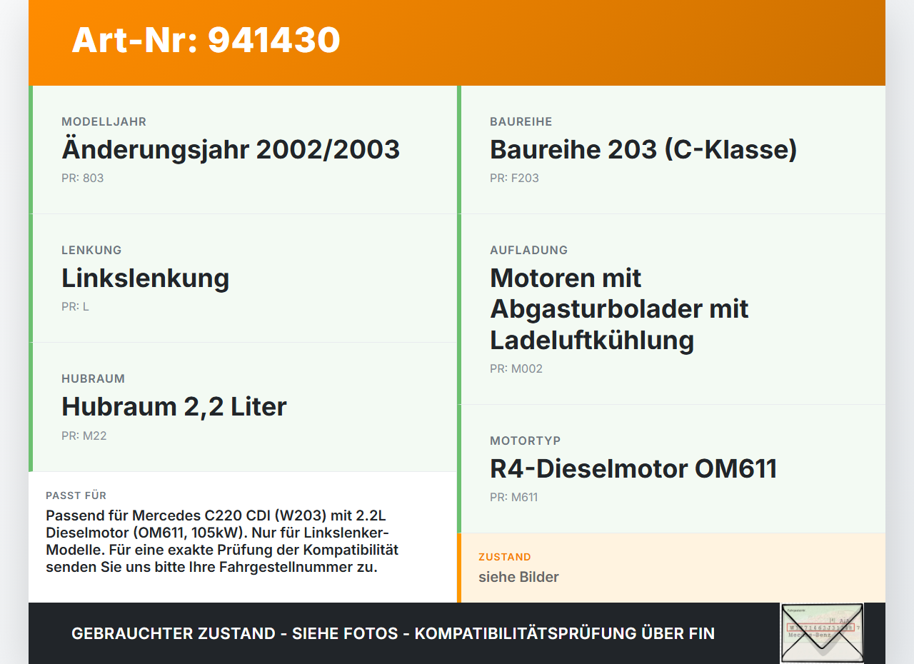 Mercedes W203 C220 01-04 CDI 2,2 105KW 611.962 Abgaskrümmer Mercedes W203 C220 01-04 29.03.2003 A6111420201 gebraucht Vorschau 3