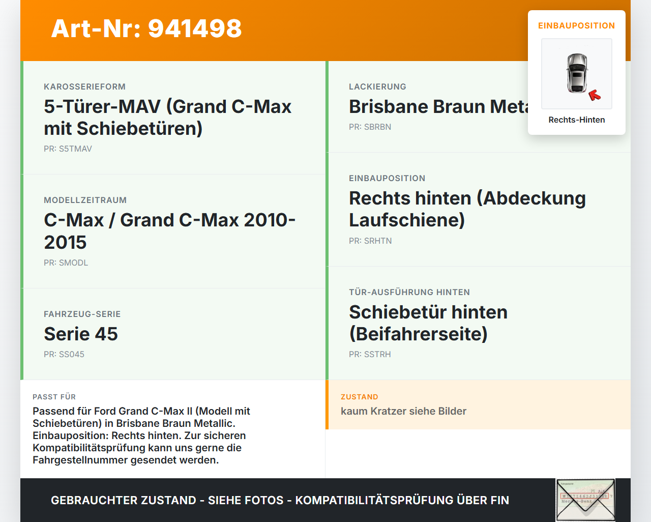 Ford Grand C-Max II 10-15 Seitenteil Abdeckung für Laufschiene Kotflügel Rechts Hinten AK5C Ford Grand C-Max II... Vorschau 3
