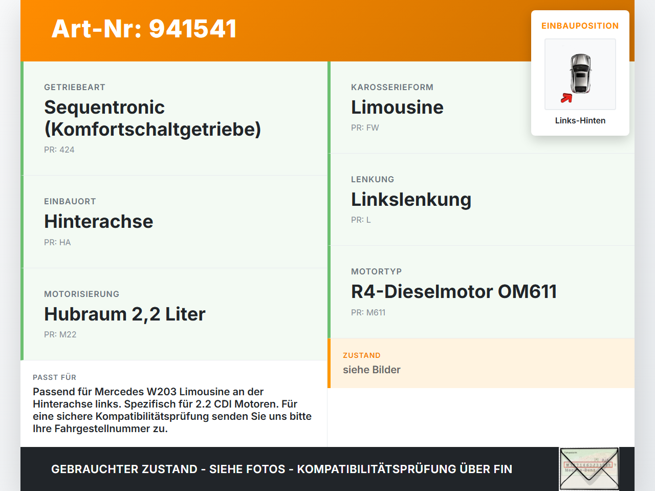 Mercedes W203 C220 01-04 Lim CDI 2,2 105KW Achsschenkel Radnabe mit ABS Links Hinten Mercedes W203 C220 01-04... Vorschau 3