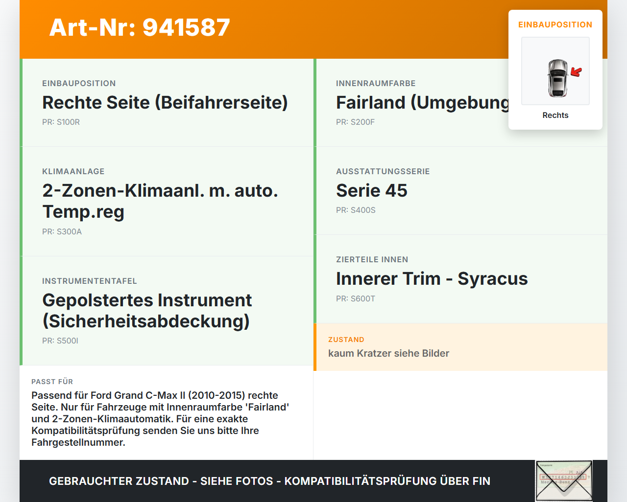 Ford Grand C-Max II 10-15 Luftdusche Luftdüse Rechts Ford Grand C-Max II 10-15 22.05.2012 AM51-R014L20-CF3YYW gebraucht Vorschau 3