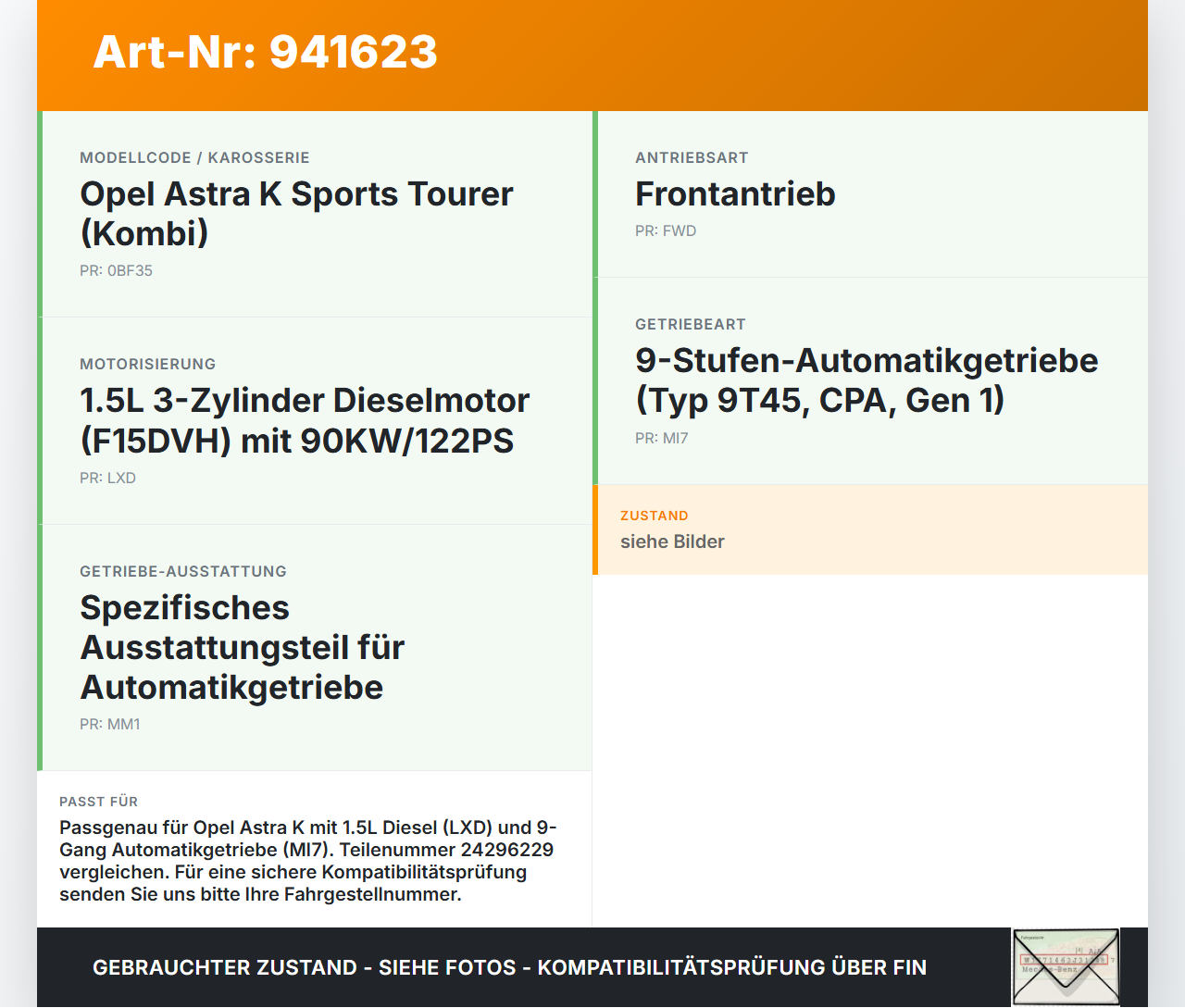Opel Astra K 15-21 1,5 90KW Autom Wandler Drehmomentwandler für Getriebe Opel Astra K 15-21 04.11.2019 24296229... Vorschau 3