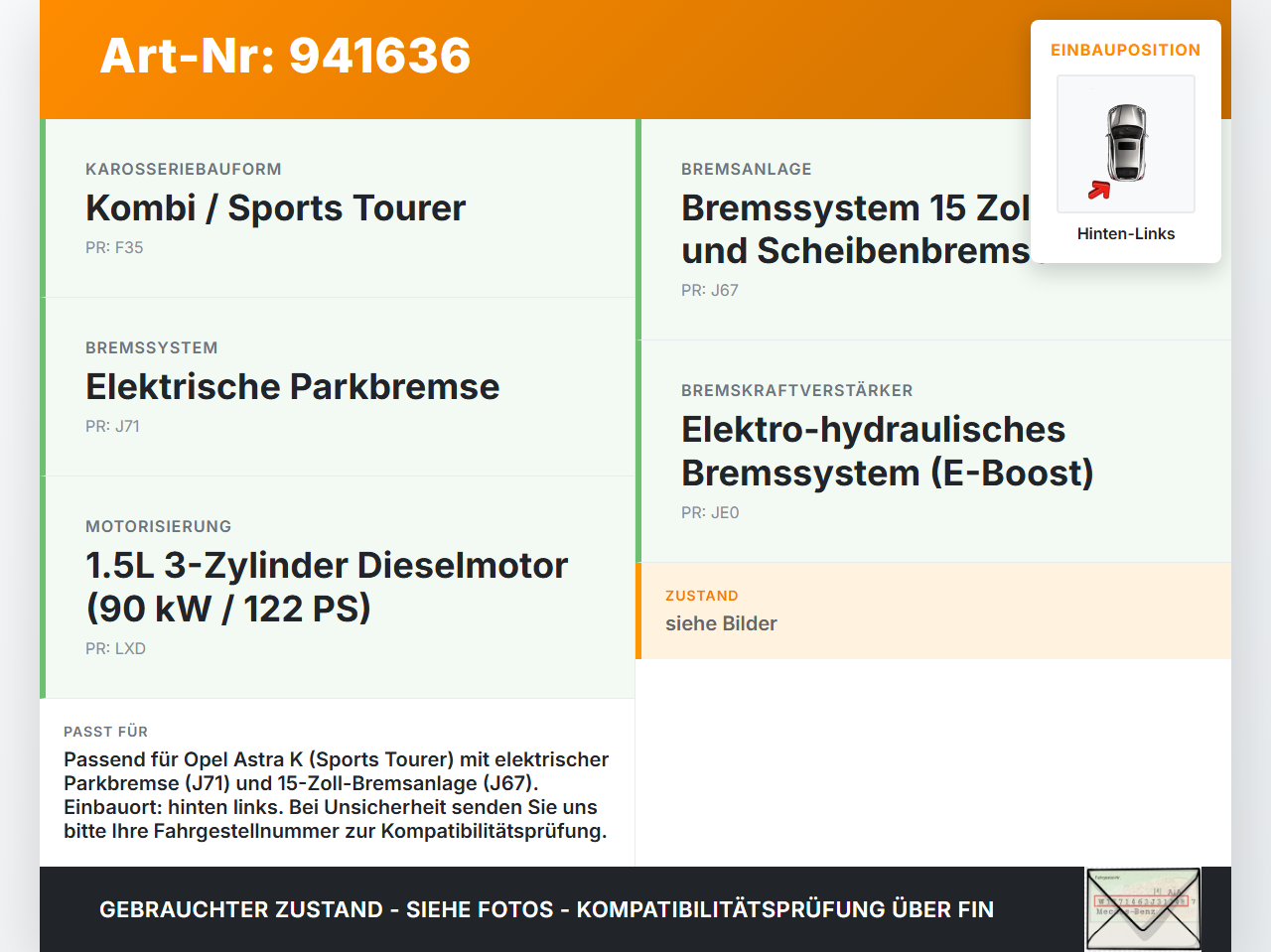 Opel Astra K 15-21 1,5 90KW Stellmotor Parkbremse Bremssattel Hinten Links Opel Astra K 15-21 04.11.2019 A005D971... Vorschau 3