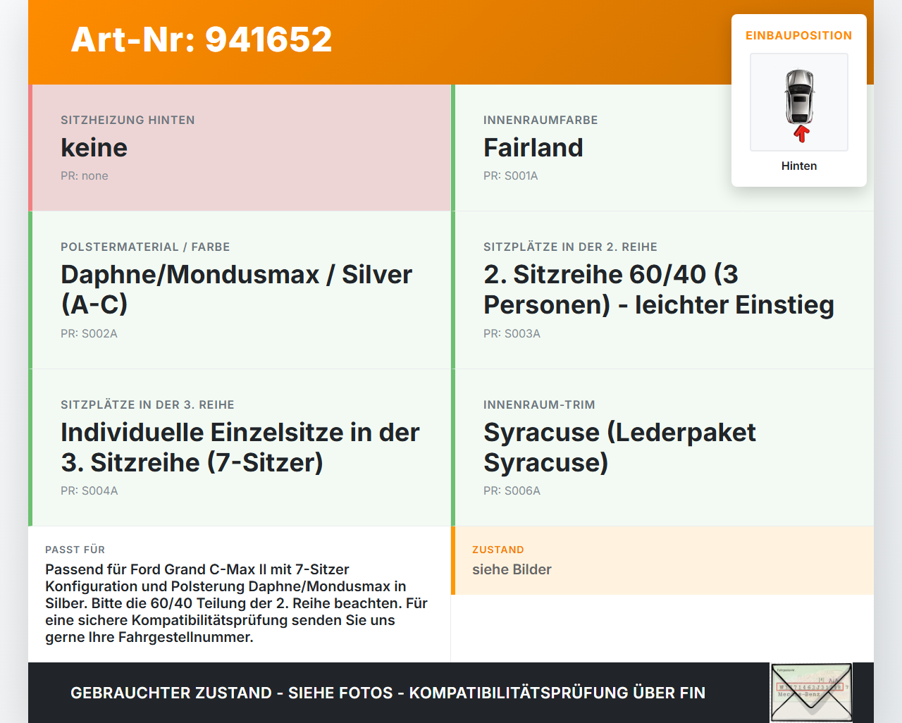 Ford Grand C-Max II 10-15 Sitzbezug Sitzpolster für Rücksitzbank Hinten Ford Grand C-Max II 10-15 22.05.2012... Vorschau 3