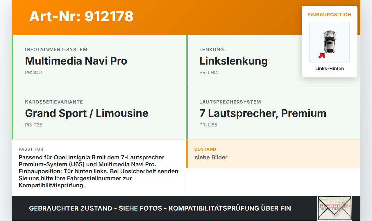 Opel Insignia B Z18 17-20 Lautsprecher Links Hinten Opel Insignia B Z18 17-20 18.07.2018 26230619 gebraucht Vorschau 3
