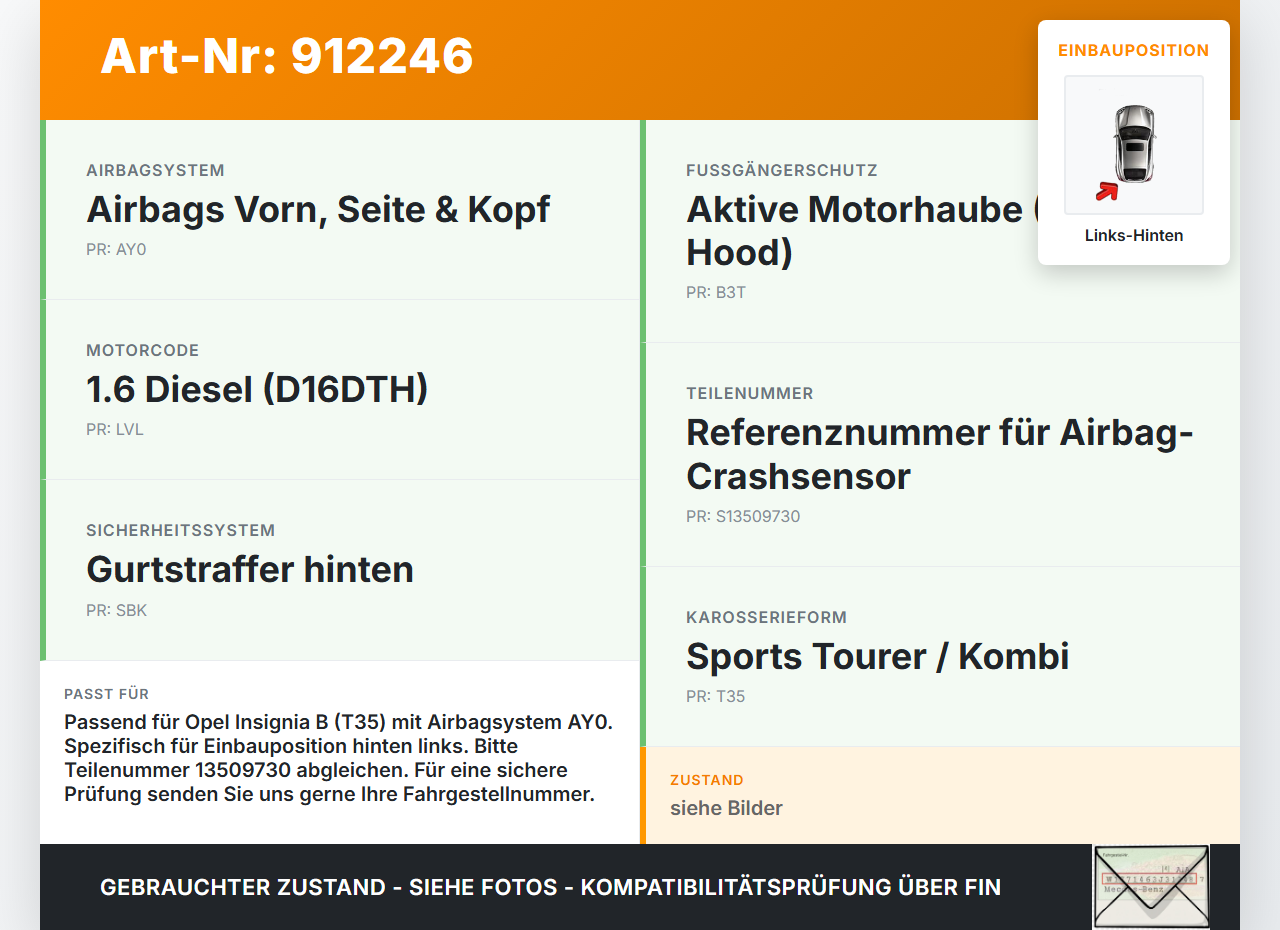Opel Insignia B Z18 17-20 Sensor für Airbag Crashsensor Airbagsensor Links Hinten Opel Insignia B Z18 17-20... Vorschau 3