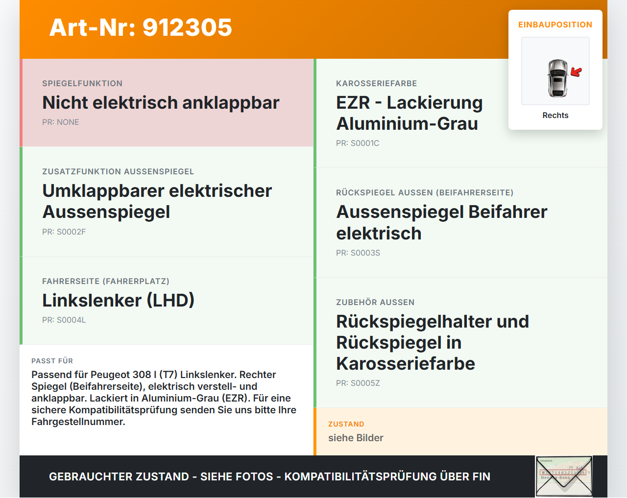 Peugeot 308 I 07-11 Spiegel Aussenspiegel anklappbar Rechts EZR Peugeot 308 I 07-11 16.02.2011 gebraucht Vorschau 3