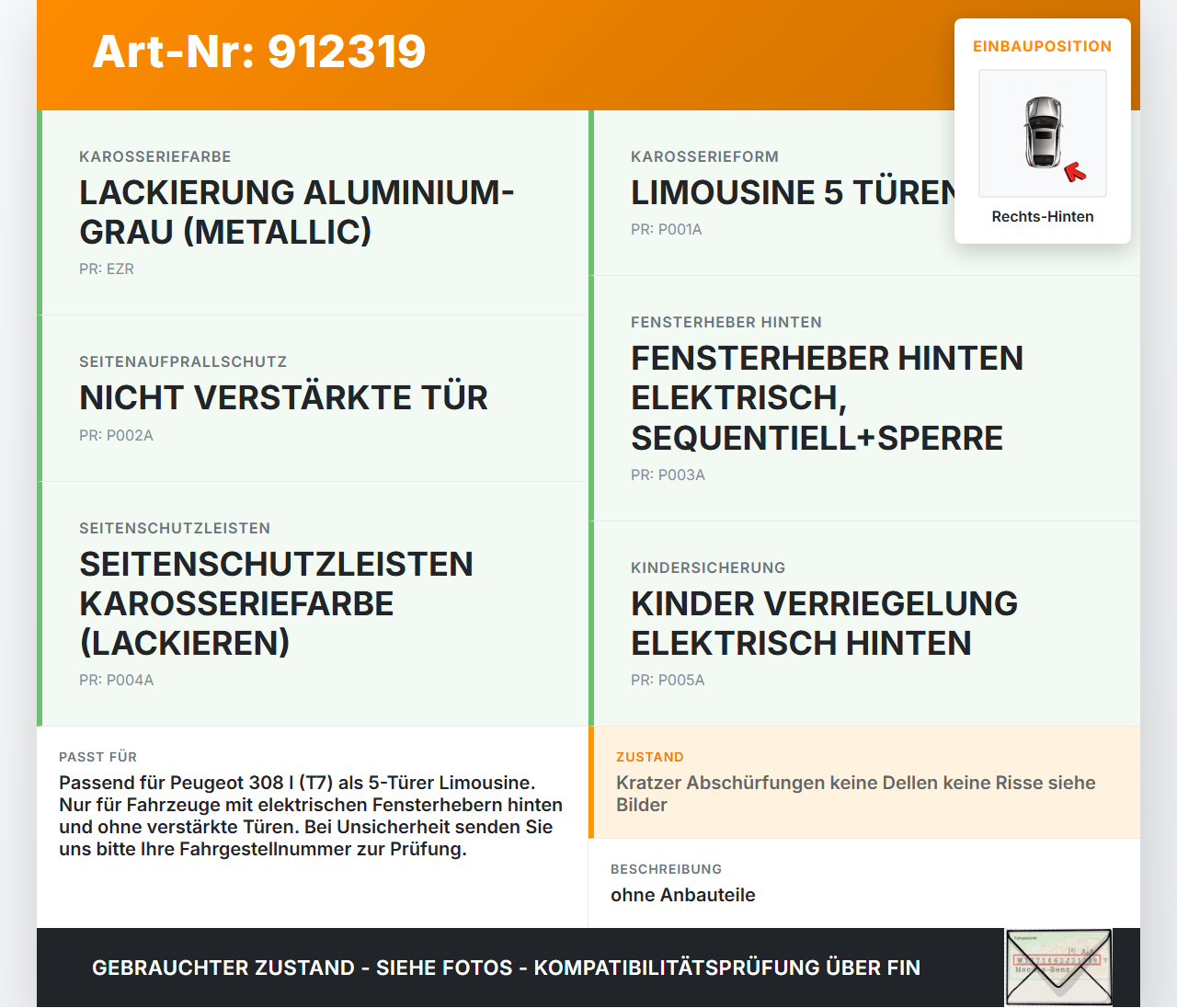 Peugeot 308 I 07-11 5T Tür Rechts Hinten EZR Peugeot 308 I 07-11 16.02.2011 9008W9 gebraucht Vorschau 3