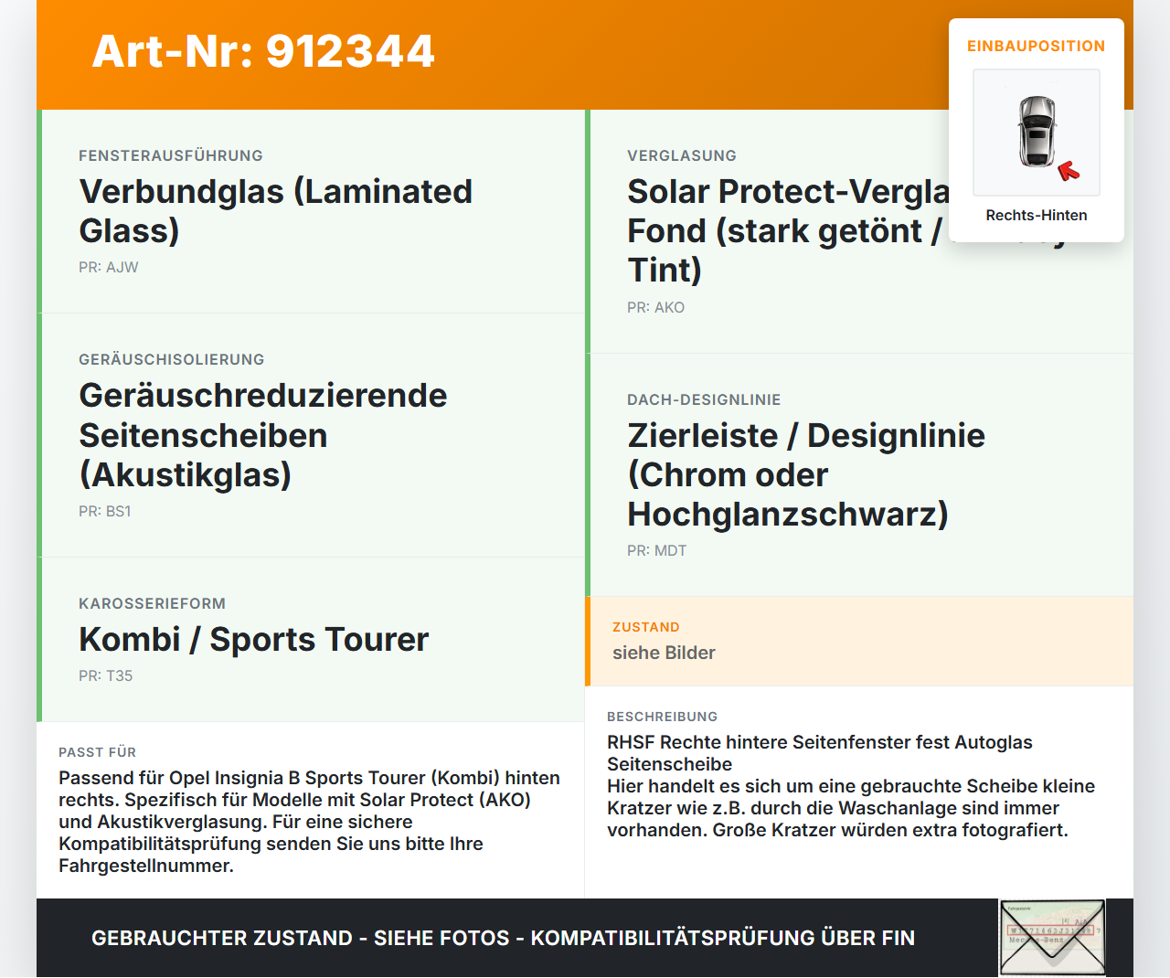 Opel Insignia B Z18 17-20 Kombi Seitenscheibe Feste Scheibe Rechts Hinten Orig. getönt Opel Insignia B Z18 17-20... Vorschau 3