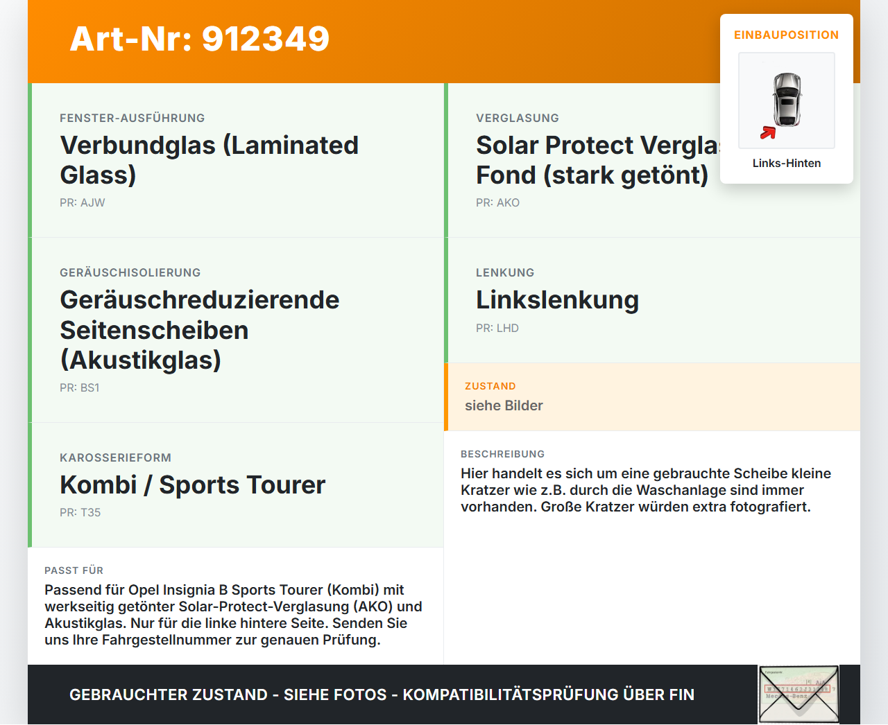 Opel Insignia B Z18 17-20 Kombi Seitenscheibe Dreieck Scheibe mit Dichtung Links Hinten Orig. getönt Opel Insignia... Vorschau 3