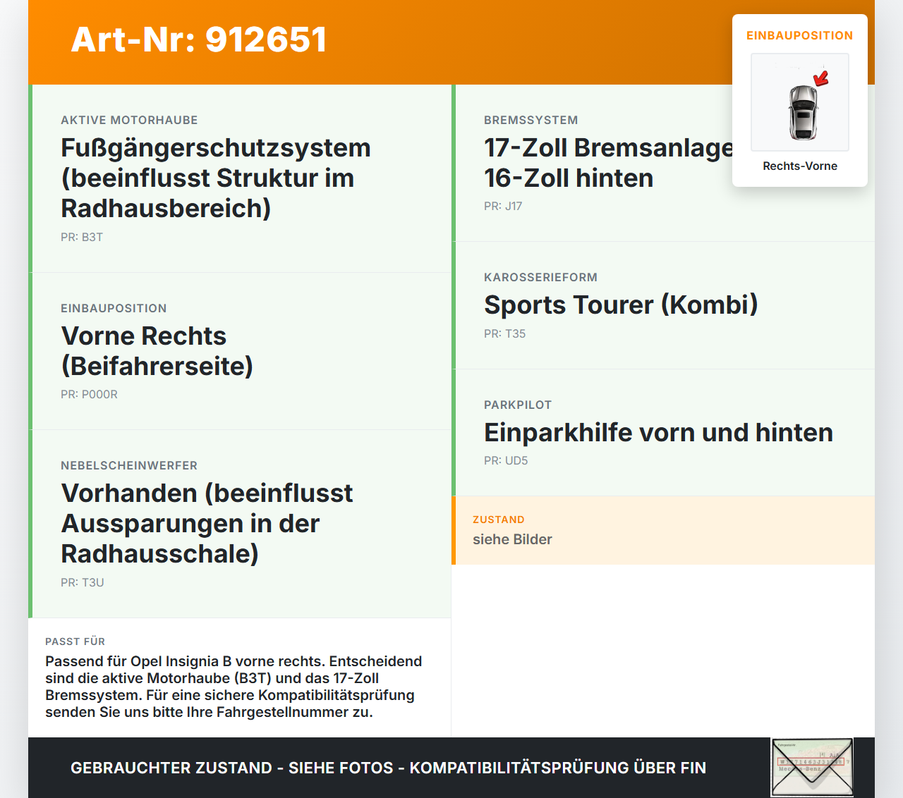 Opel Insignia B Z18 17-20 Verkleidung Radhausschale Rechts Vorne für Kotflügel Opel Insignia B Z18 17-20 18.07.2018... Vorschau 3