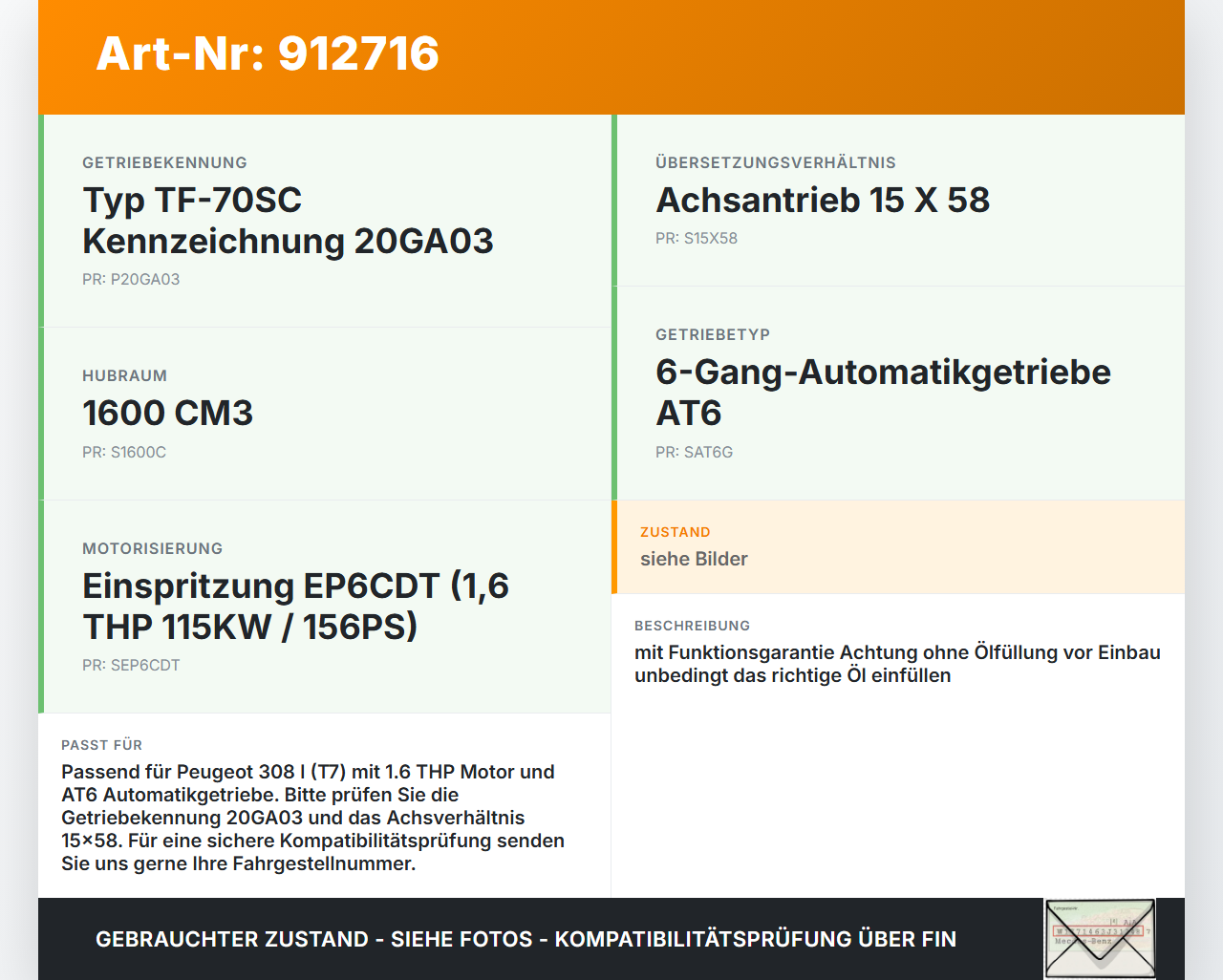 Peugeot 308 I 07-11 1,6 115KW AT6 Automatikgetriebe Getriebe ohne Wandler TF-70SC 20GA03 Peugeot 308 I 07-11... Vorschau 3