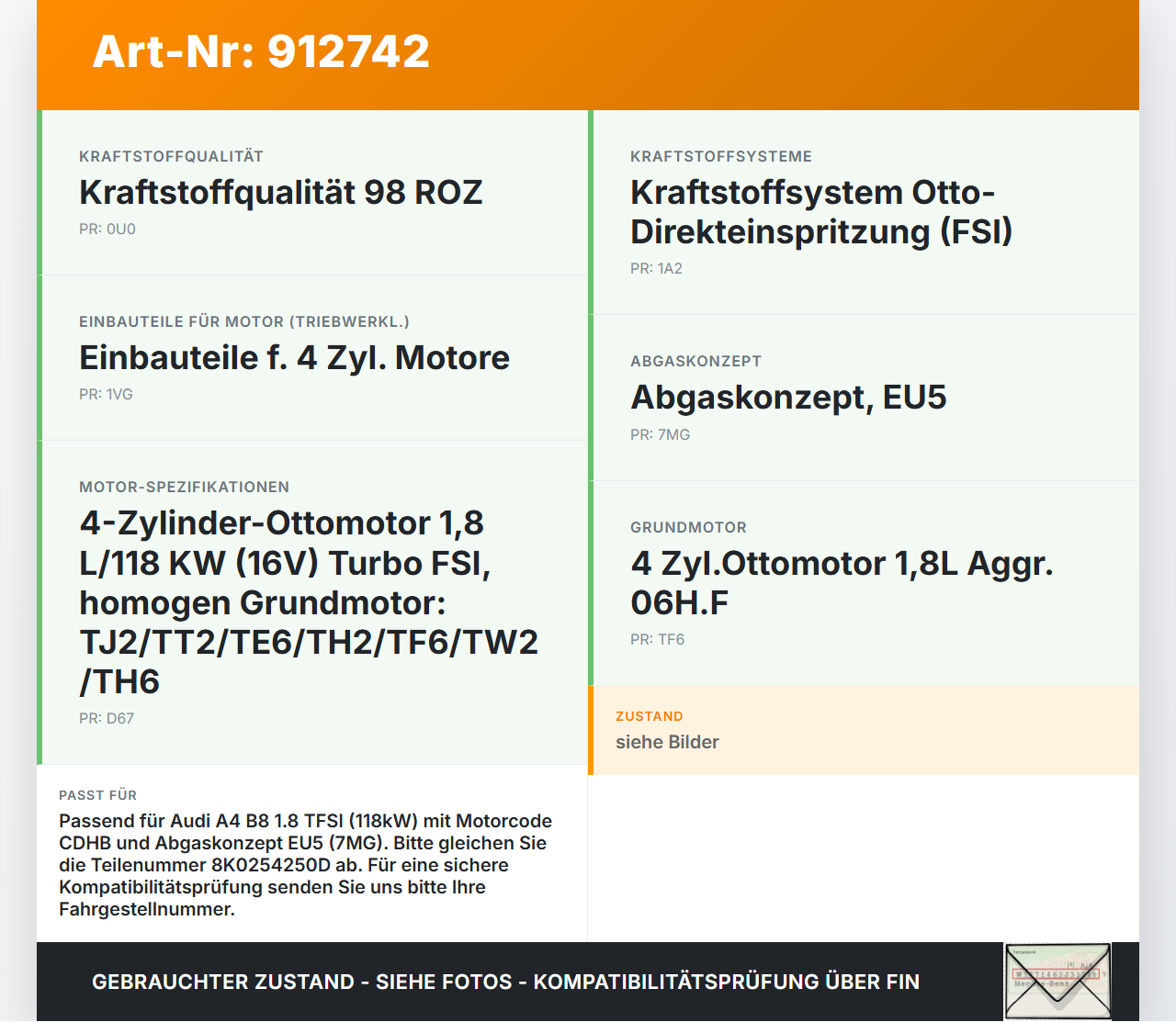 Audi A4 8K B8 07-11 TFSI 1,8 118KW Katalysator Kat Audi A4 8K B8 07-11 08.12.2009 8K0254250D 8K0254250QX gebraucht Vorschau 3