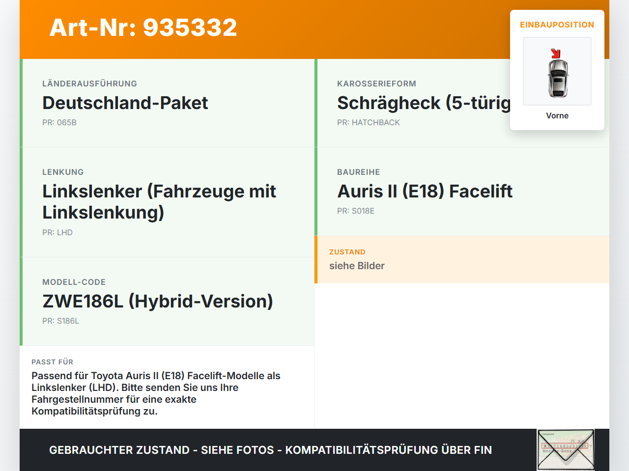 Toyota Auris II E18 15-19 2x Scheibenwischer Wischarm Vorne Toyota Auris II E18 15-19 01.06.2016 8521102300 gebraucht Vorschau 3