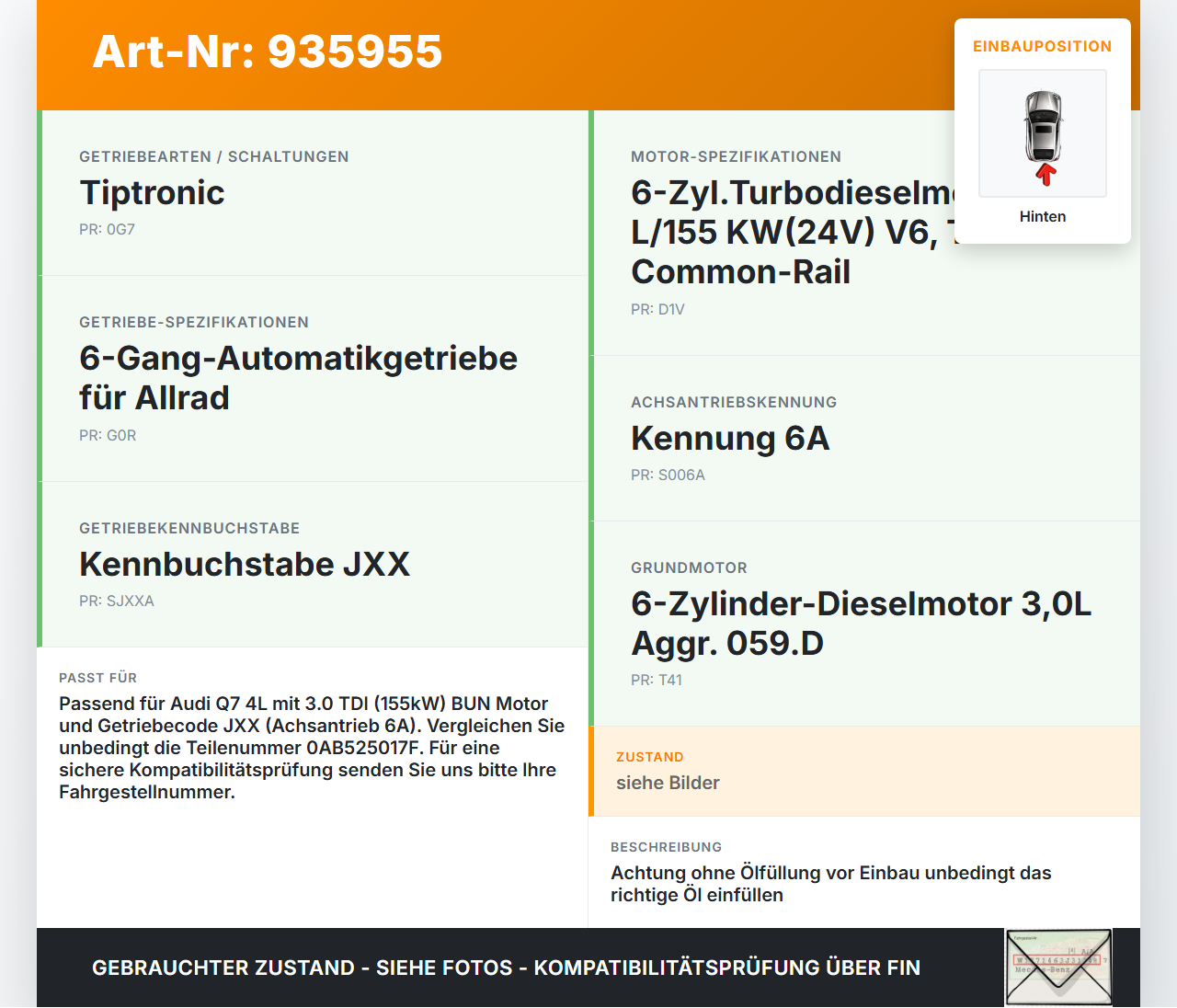 Audi Q7 4L 05-09 TDI 3,0 155KW Differential Hinterachsgetriebe Hinten Audi Q7 4L 05-09 05.11.2007 0AB525017F gebraucht Vorschau 3