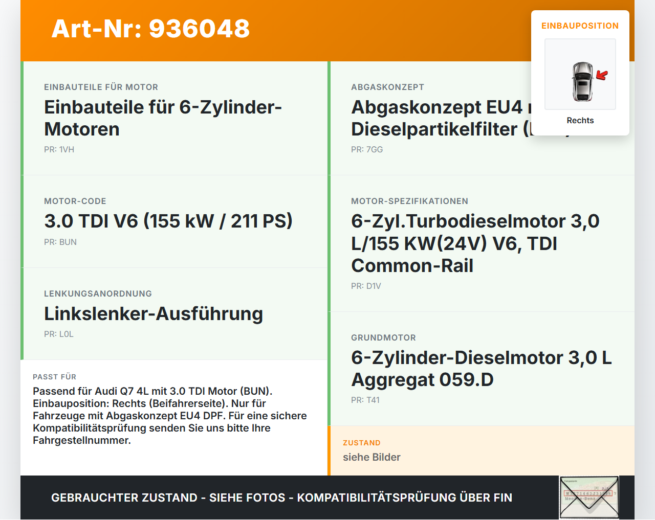 Audi Q7 4L 05-09 TDI 3,0 155KW BUN Abgaskrümmer Rechts Audi Q7 4L 05-09 05.11.2007 059253034P gebraucht Vorschau 3