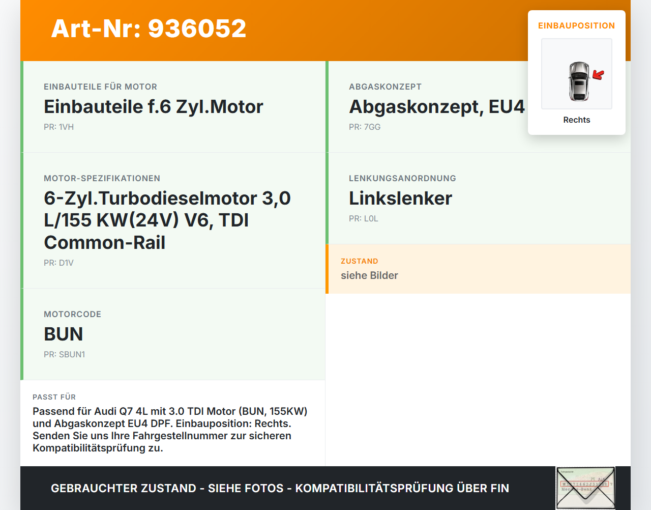 Audi Q7 4L 05-09 TDI 3,0 155KW BUN Abgaskrümmer Rechts Audi Q7 4L 05-09 05.11.2007 059253034P gebraucht Vorschau 3