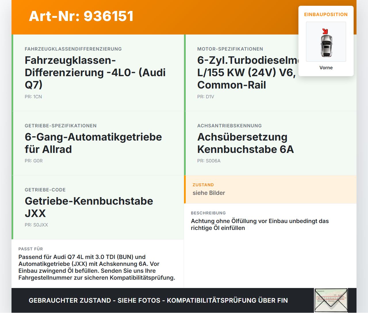 Audi Q7 4L 05-09 TDI 3,0 155KW Differential Vorderachsgetriebe Vorne Audi Q7 4L 05-09 05.11.2007 0AA409508D gebraucht Vorschau 3