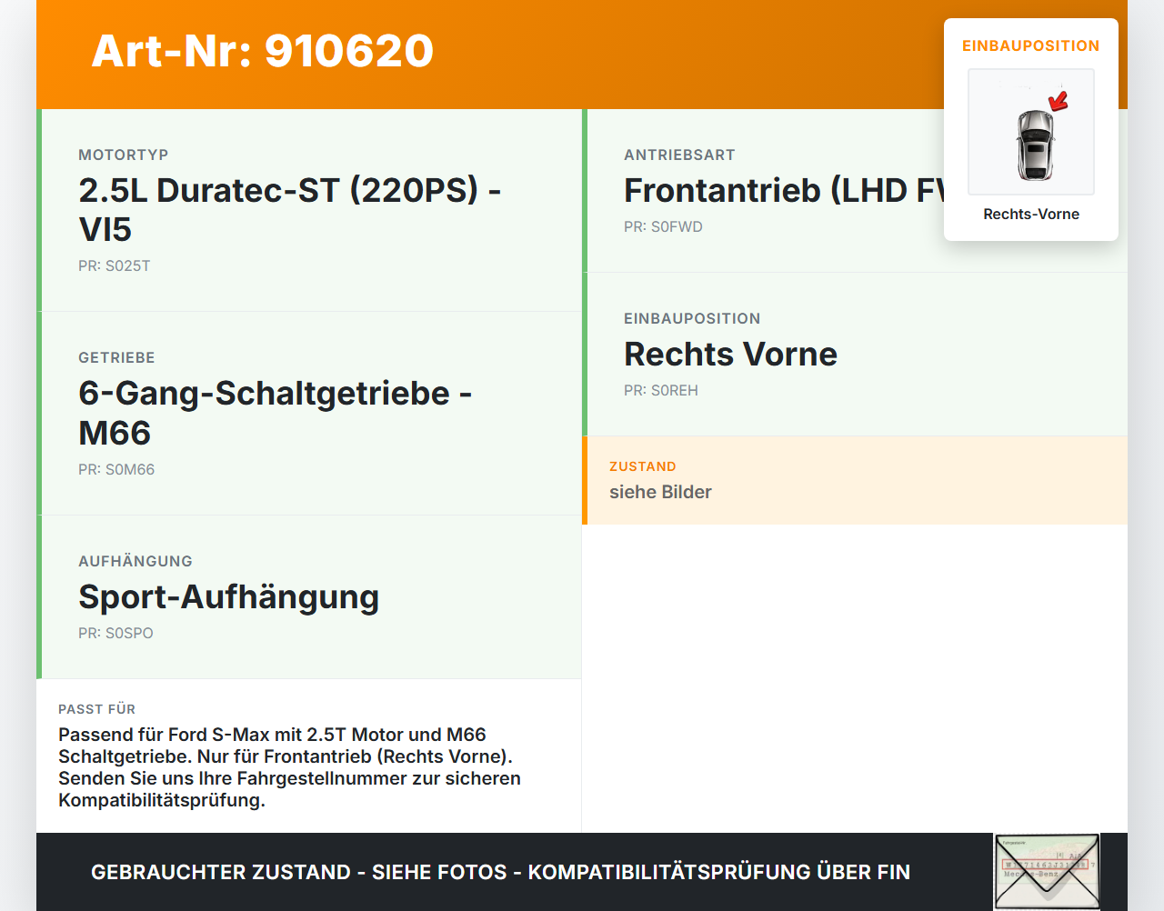 Ford S-Max WA6 06-10 2,5T 162KW Antriebswelle Gelenkwelle Rechts Vorne Ford S-Max WA6 06-10 18.07.2006... Vorschau 3