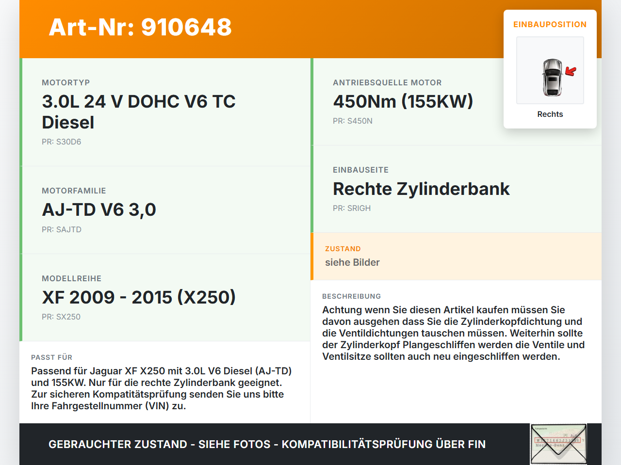 Jaguar XF X250 09-15 3,0d 155KW AJ-TD Zylinderkopf Rechts Jaguar XF X250 09-15 25.03.2009 PM9X20-6090-CA C2D3613... Vorschau 3