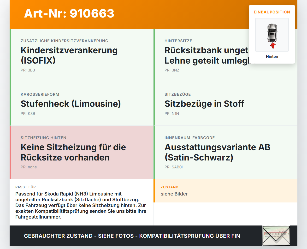 Skoda Rapid NH 12-19 Lim Sitzbezug Sitzpolster für Rücksitzbank Hinten Skoda Rapid NH 12-19 12.01.2017 5JA885375L... Vorschau 3