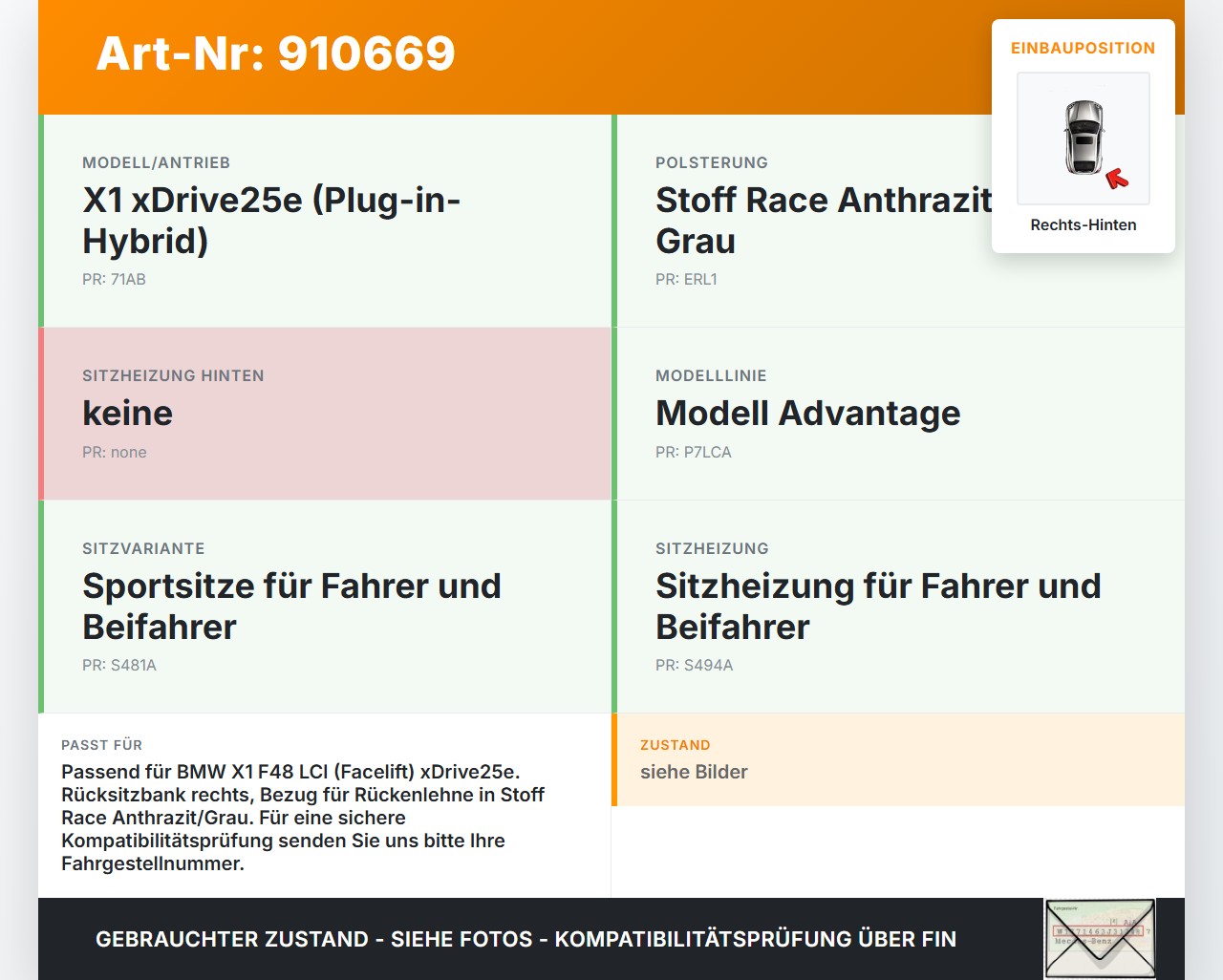 BMW X1 F48 x25e LCI 17-22 Sitzbezug Rückenpolster Rechts für Rücksitzbank Hinten ANTHRAZIT u. GRAU BMW X1 F48 x25e... Vorschau 3