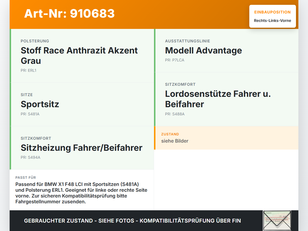 BMW X1 F48 x25e LCI 17-22 Kopfstütze für Fahrer Sitz Rechts oder Links Vorne BMW X1 F48 x25e LCI 17-22 31.01.2020... Vorschau 3