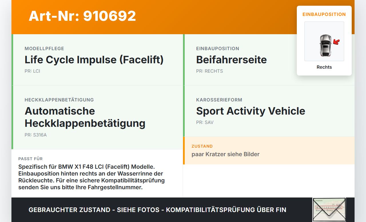 BMW X1 F48 x25e LCI 17-22 Wasserabweiser Wasserleitblech für Rückleuchte Rechts BMW X1 F48 x25e LCI 17-22... Vorschau 3