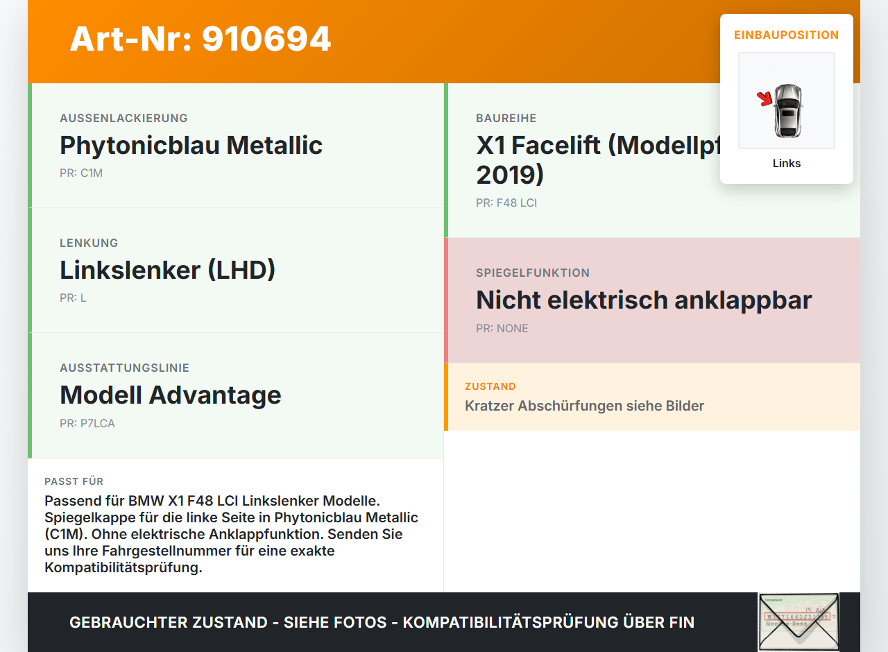 BMW X1 F48 x25e LCI 17-22 Spiegelkappe für Aussenspiegel Links C1M BMW X1 F48 x25e LCI 17-22 31.01.2020 9881039-06... Vorschau 3