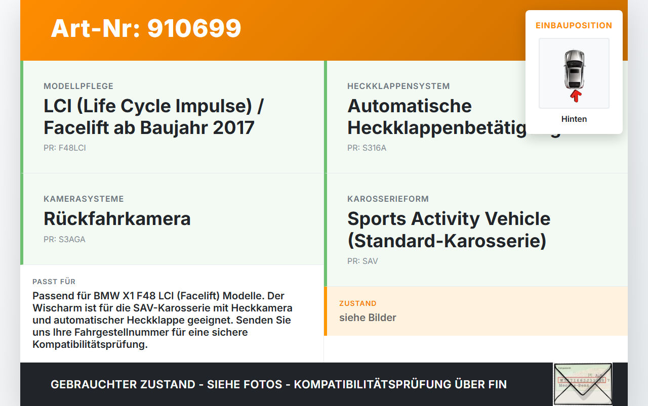 BMW X1 F48 x25e LCI 17-22 Heckwischer Scheibenwischer Hinten Wischarm BMW X1 F48 x25e LCI 17-22 31.01.2020 7356224... Vorschau 3