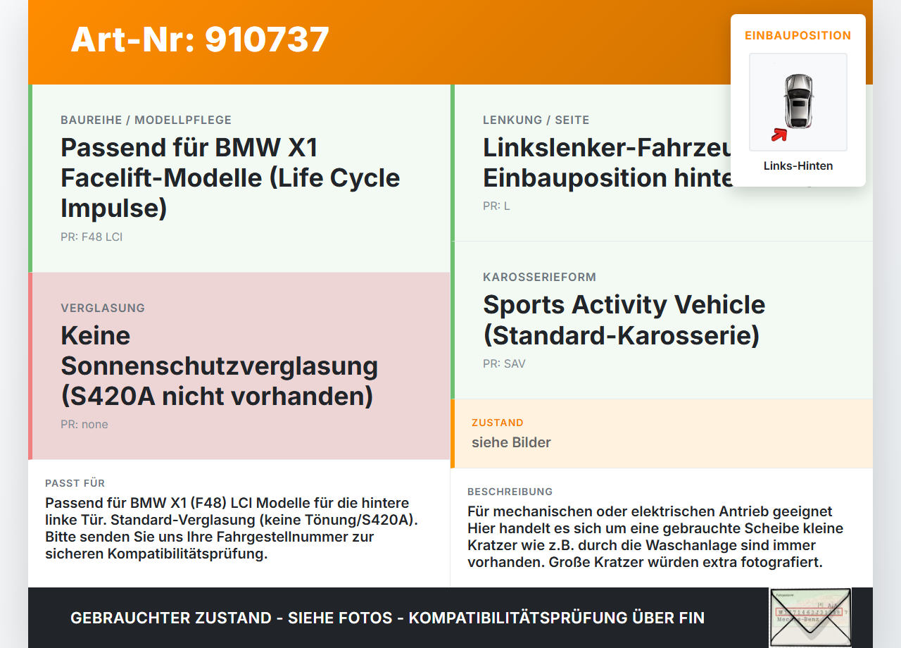 BMW X1 F48 x25e LCI 17-22 Seitenscheibe LHK für Tür Fenster Scheibe Links Hinten BMW X1 F48 x25e LCI 17-22... Vorschau 3