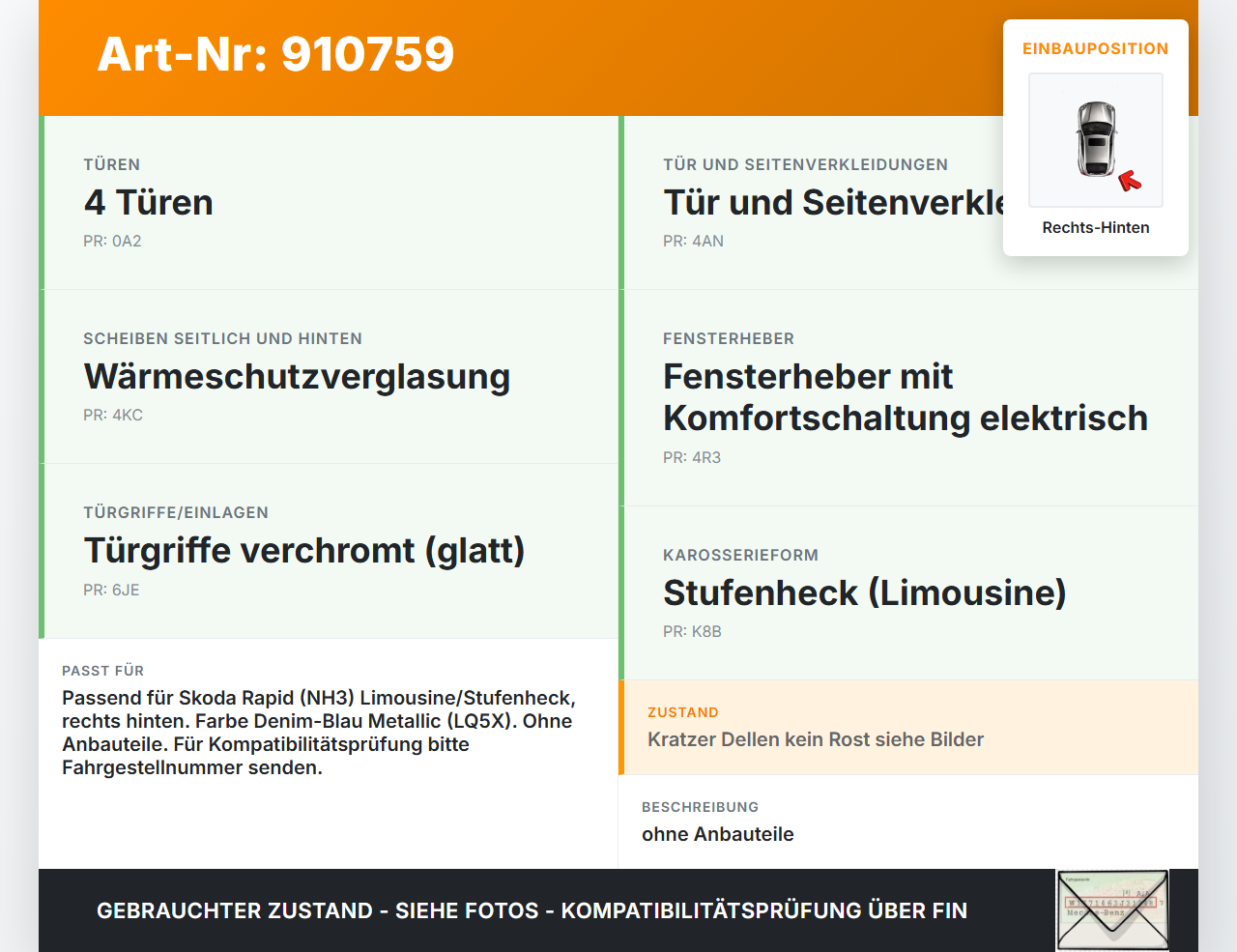 Skoda Rapid NH 12-19 Lim Tür Rechts Hinten LQ5X Skoda Rapid NH 12-19 12.01.2017 5JA833052C gebraucht Vorschau 3