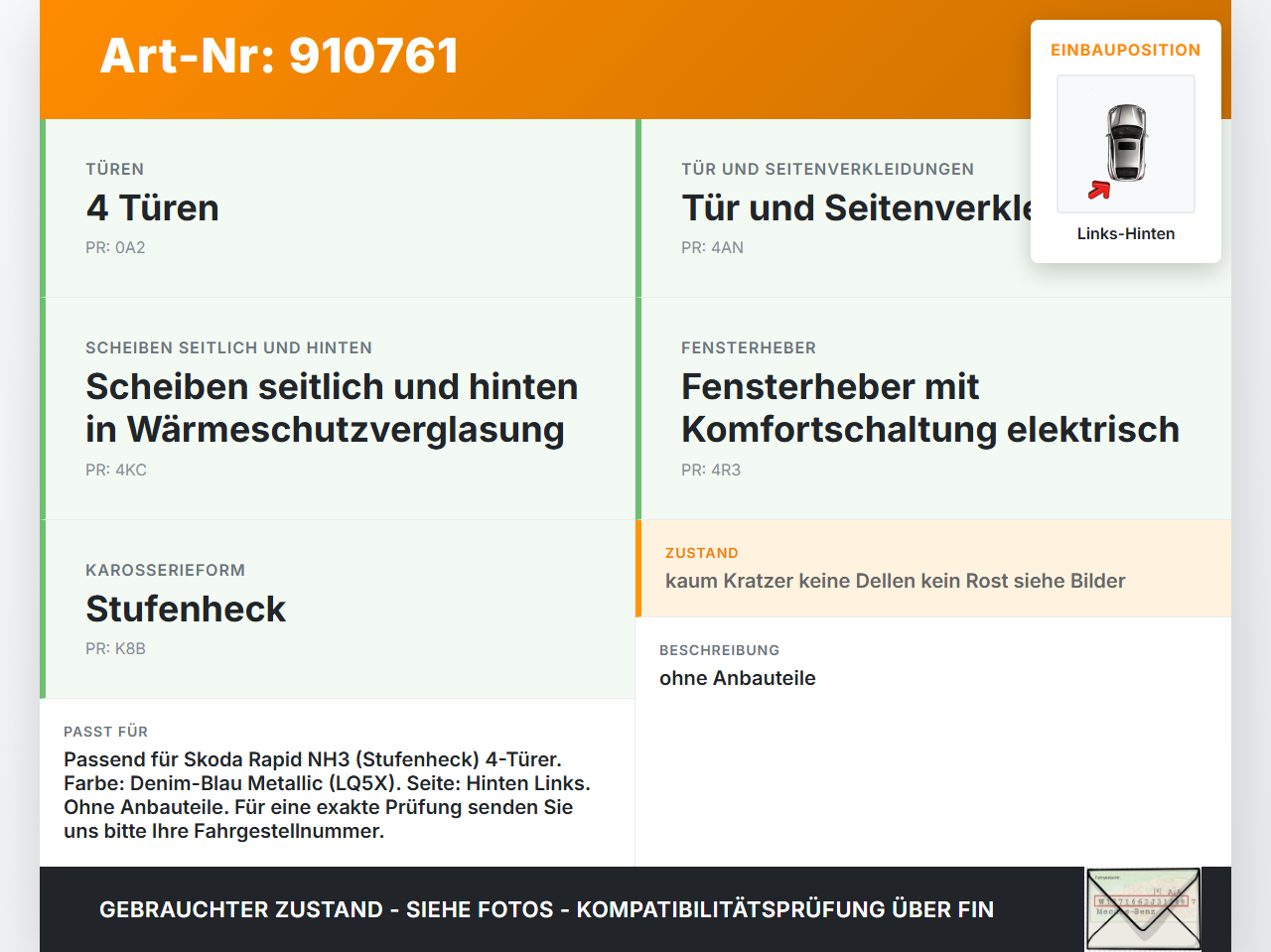 Skoda Rapid NH 12-19 Lim Tür Links Hinten LQ5X Skoda Rapid NH 12-19 12.01.2017 5JA833051C gebraucht Vorschau 3