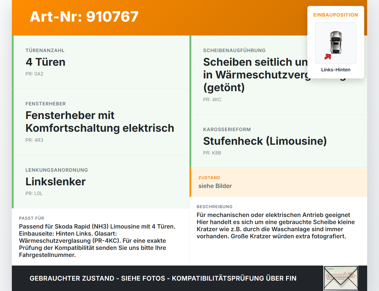 Skoda Rapid NH 12-19 Lim Seitenscheibe LHK für Tür Fenster Scheibe Links Hinten Orig. getönt Skoda Rapid NH 12-19... Vorschau 3