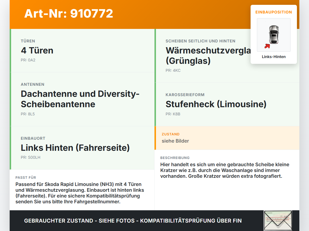 Skoda Rapid NH 12-19 Lim Seitenscheibe Dreieck Links Hinten Skoda Rapid NH 12-19 12.01.2017 5JA845213D gebraucht Vorschau 3