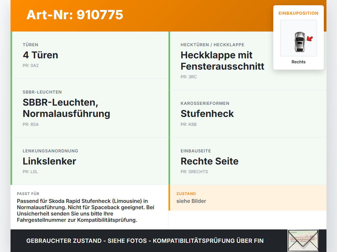 Skoda Rapid NH 12-19 Lim Rückleuchte Rücklicht Heckleuchte Rechts orig Skoda Rapid NH 12-19 12.01.2017 5JH945112... Vorschau 3