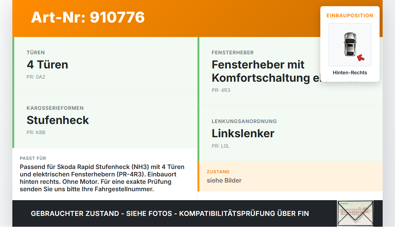Skoda Rapid NH 12-19 Lim Fensterheber o. FH-Motor Hinten Rechts Skoda Rapid NH 12-19 12.01.2017 5JA839462 gebraucht Vorschau 3