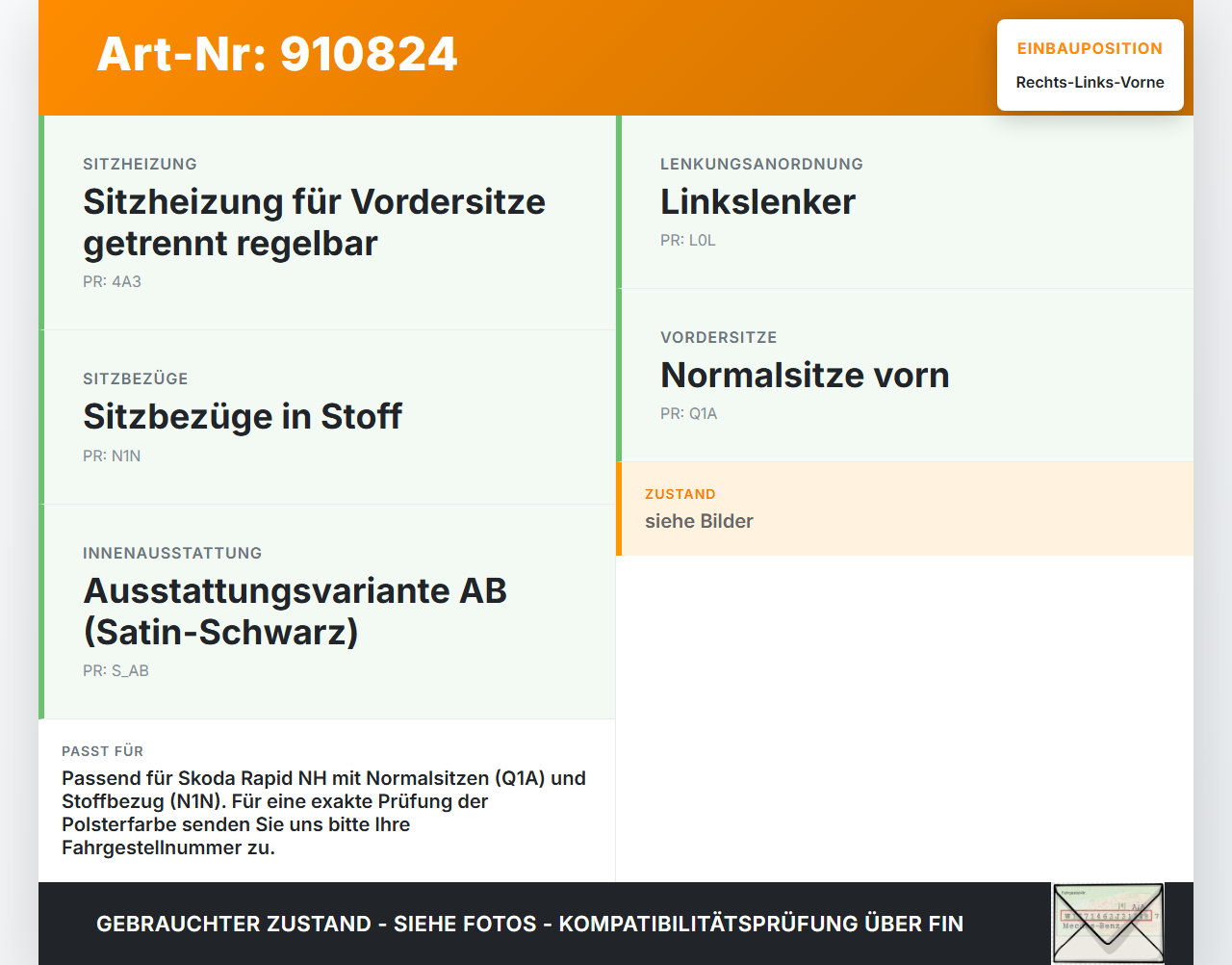 Skoda Rapid NH 12-19 Kopfstütze für Fahrer Sitz Rechts oder Links Vorne Skoda Rapid NH 12-19 12.01.2017 gebraucht Vorschau 3