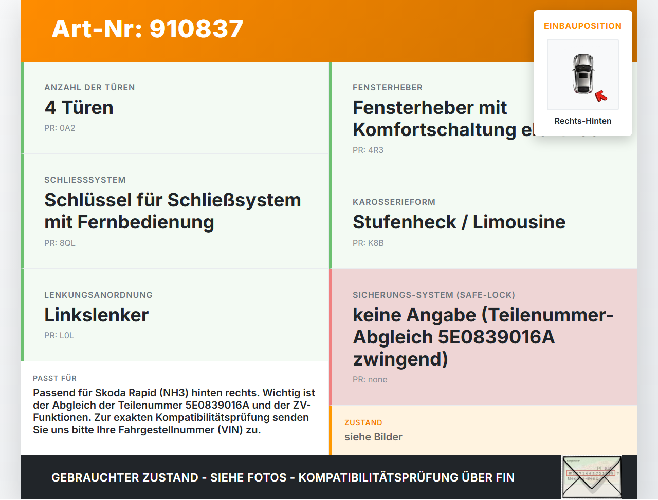 Skoda Rapid NH 12-19 Lim Türschloss m. ZV Stellmotor Rechts Hinten Skoda Rapid NH 12-19 12.01.2017 5E0839016A gebraucht Vorschau 3