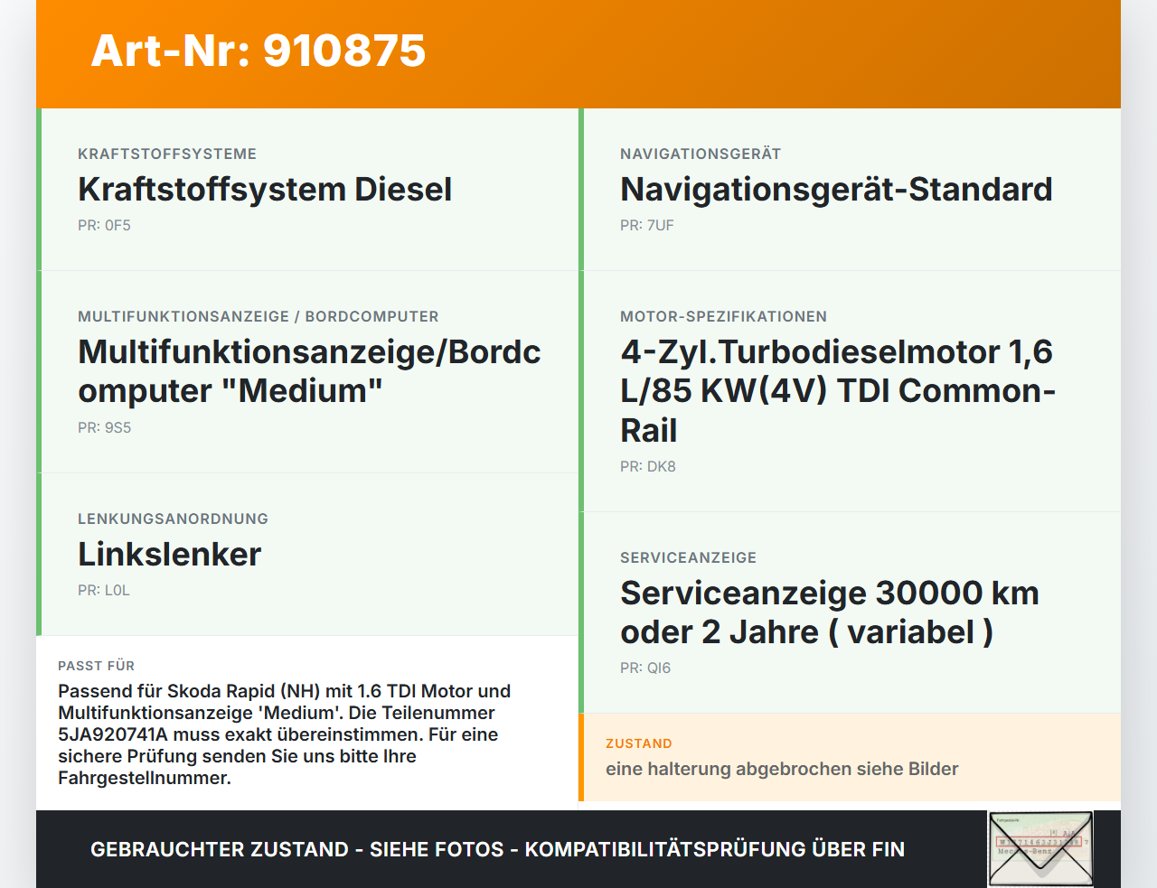 Skoda Rapid NH 12-19 TDI 1,6 85KW Kombiinstrument Tacho Skoda Rapid NH 12-19 12.01.2017 5JA920741A 2C3837320 gebraucht Vorschau 3